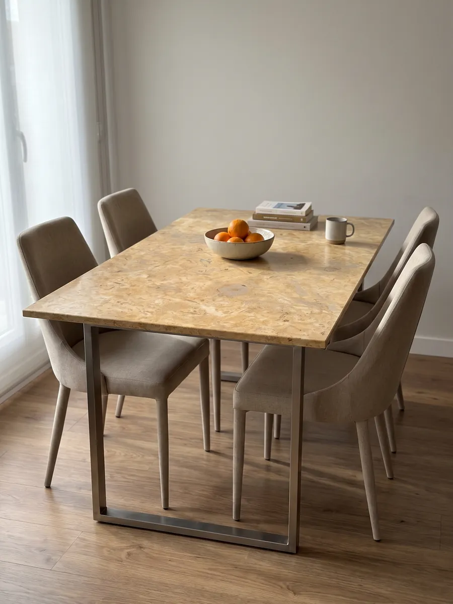 Dining table with a Giallo Provenza marble top on a steel base: warm cloudy golden ochre, with soft grayish stains and a stone texture