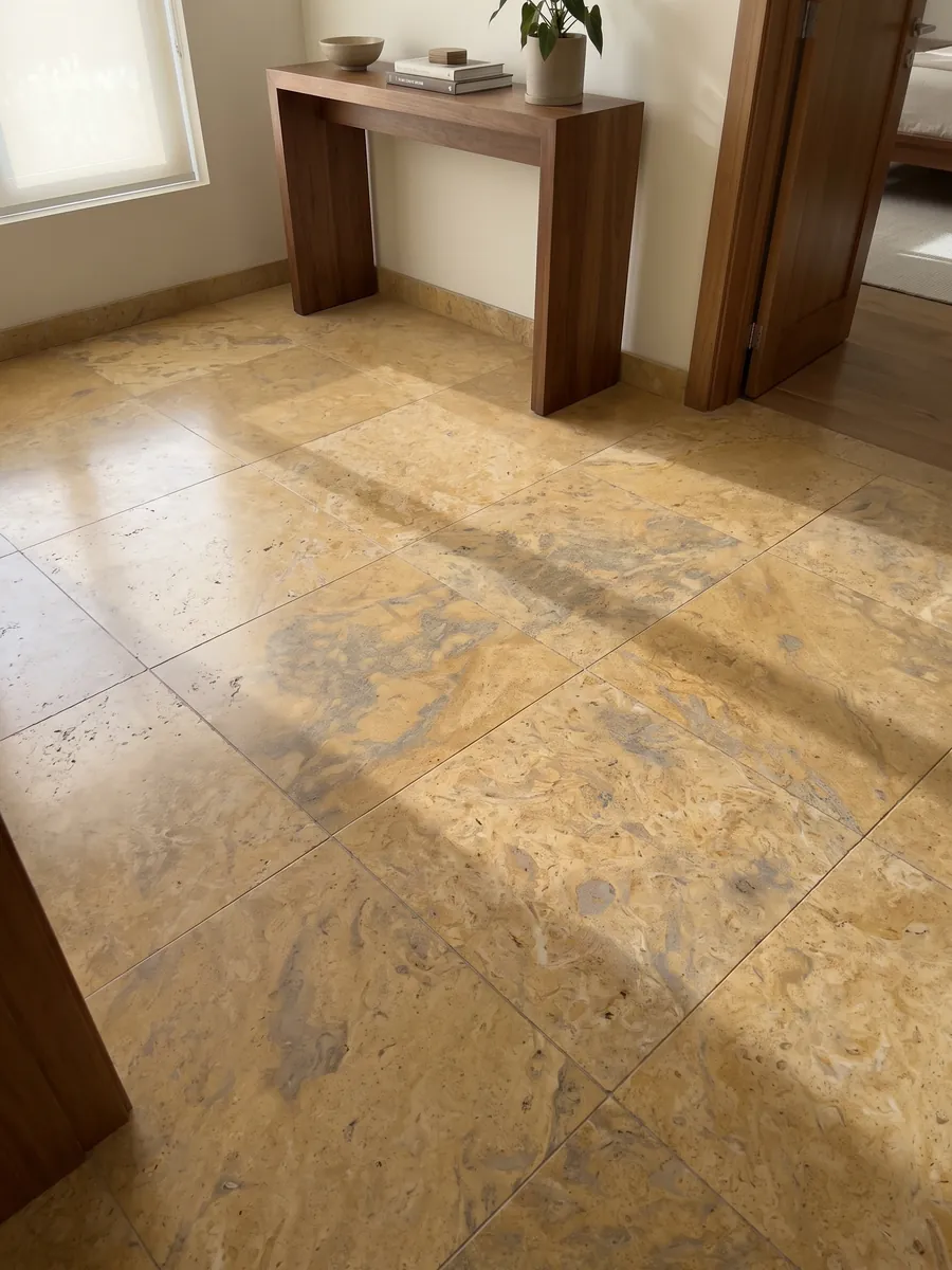 Entryway floor in large Giallo Provenza marble slabs with natural light: warm cloudy golden ochre, with soft grayish stains and a stone texture