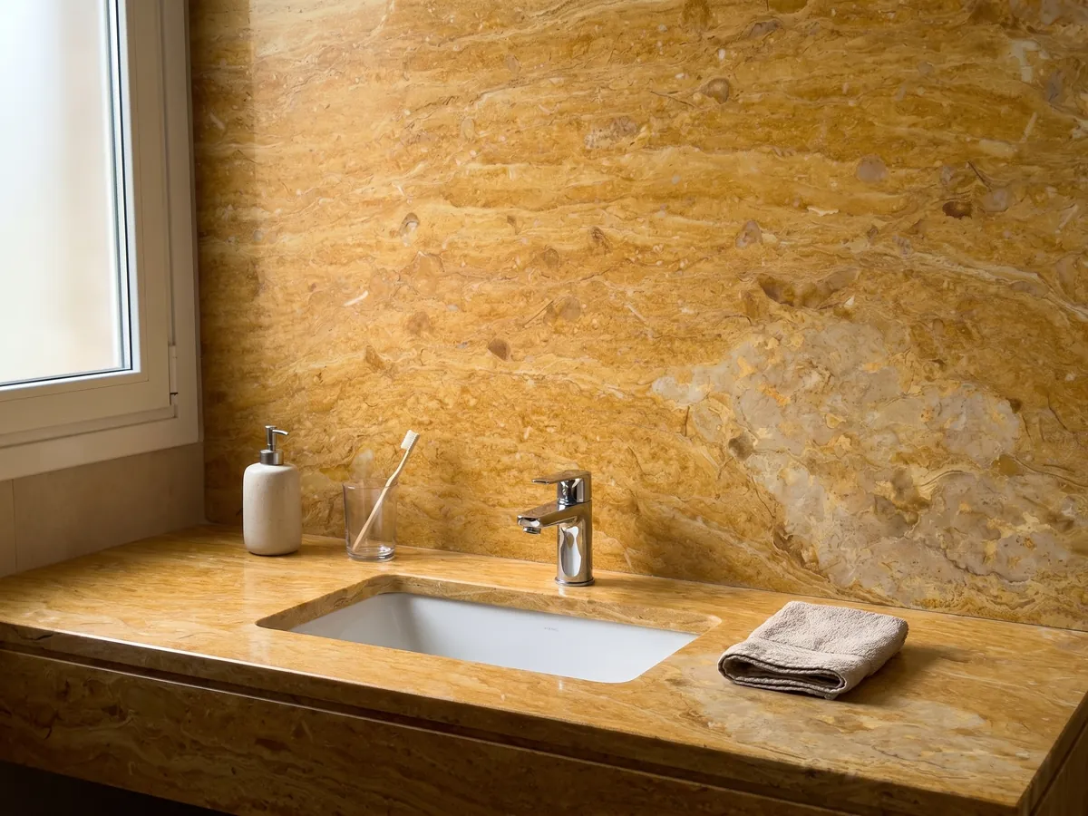 Vanity top and bathroom wall in Giallo Reale marble with a white sink and chrome fixtures: intense ochre yellow with fine horizontal bands and a light beige area at the lower right