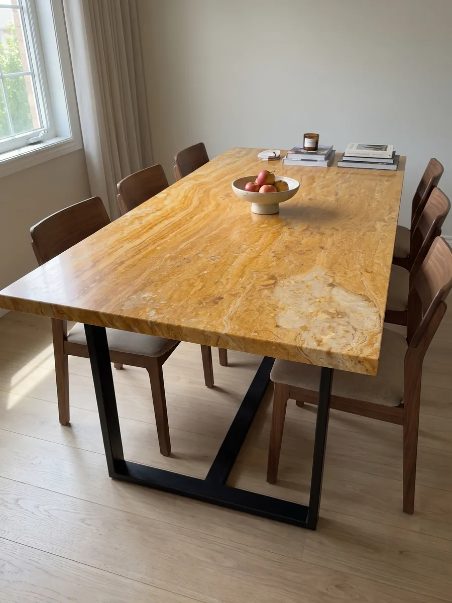 Dining table with a Giallo Reale marble top on a steel base: intense ochre yellow with fine horizontal bands and a light beige area at the lower right