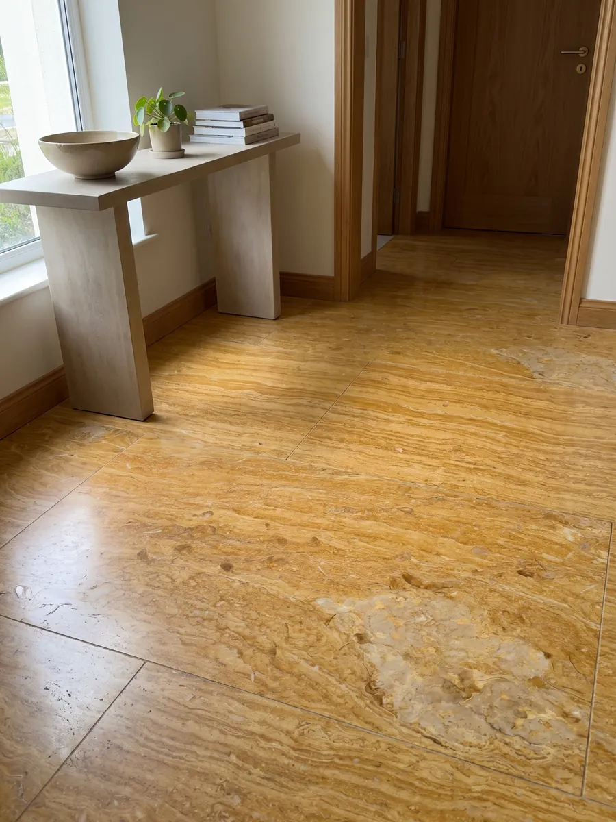 Entryway floor in large Giallo Reale marble slabs with natural light: intense ochre yellow with fine horizontal bands and a light beige area at the lower right