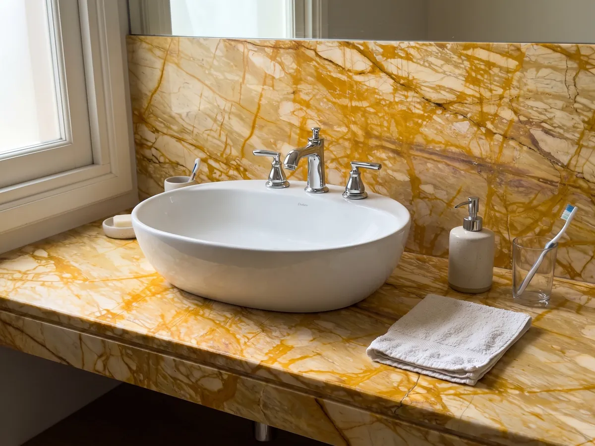 Vanity top and bathroom wall in Giallo Siena marble with a white sink and chrome fixtures: a very dense net of intense yellow veins covering almost the entire cream background