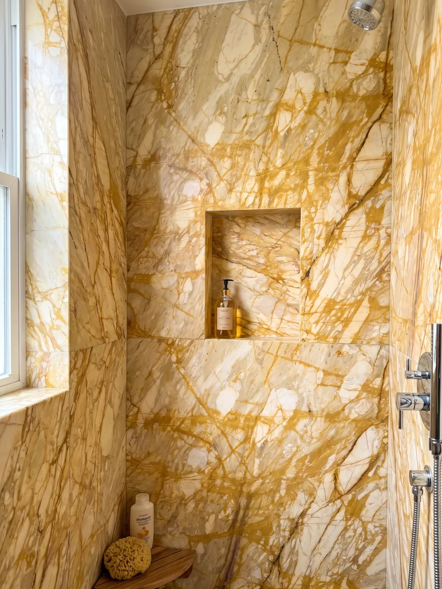 Shower clad in full Giallo Siena marble slabs with a recessed niche: a very dense net of intense yellow veins covering almost the entire cream background