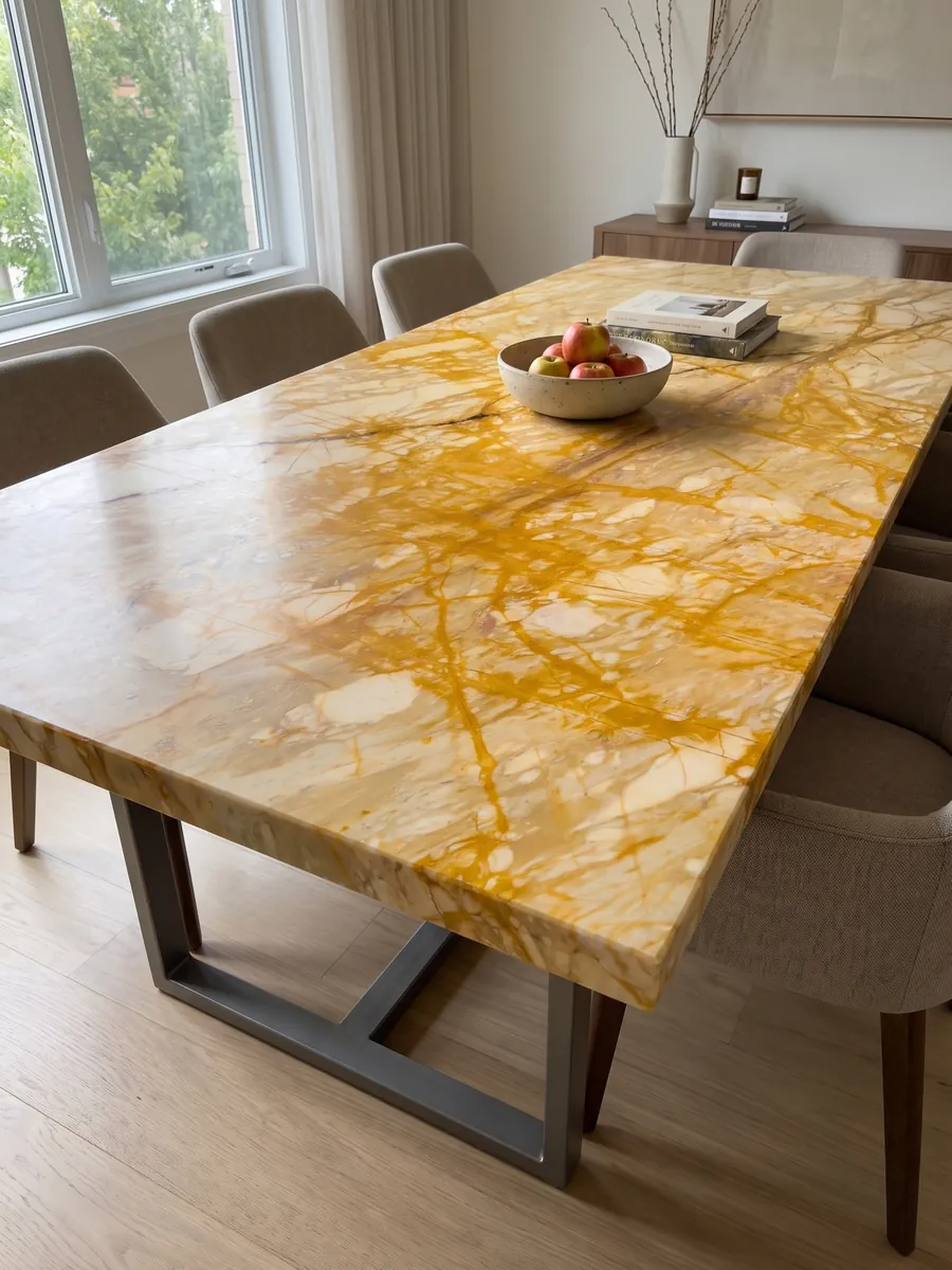 Dining table with a Giallo Siena marble top on a steel base: a very dense net of intense yellow veins covering almost the entire cream background