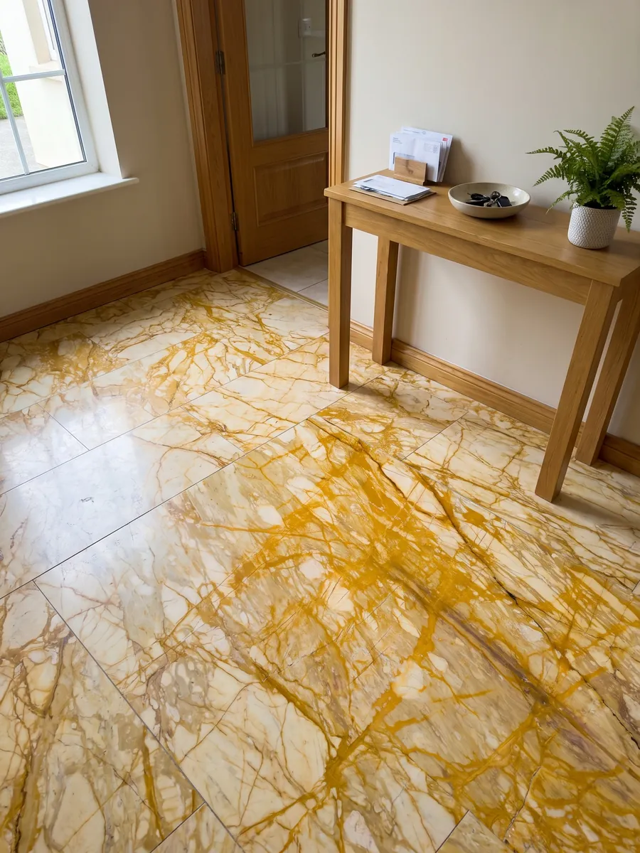 Entryway floor in large Giallo Siena marble slabs with natural light: a very dense net of intense yellow veins covering almost the entire cream background
