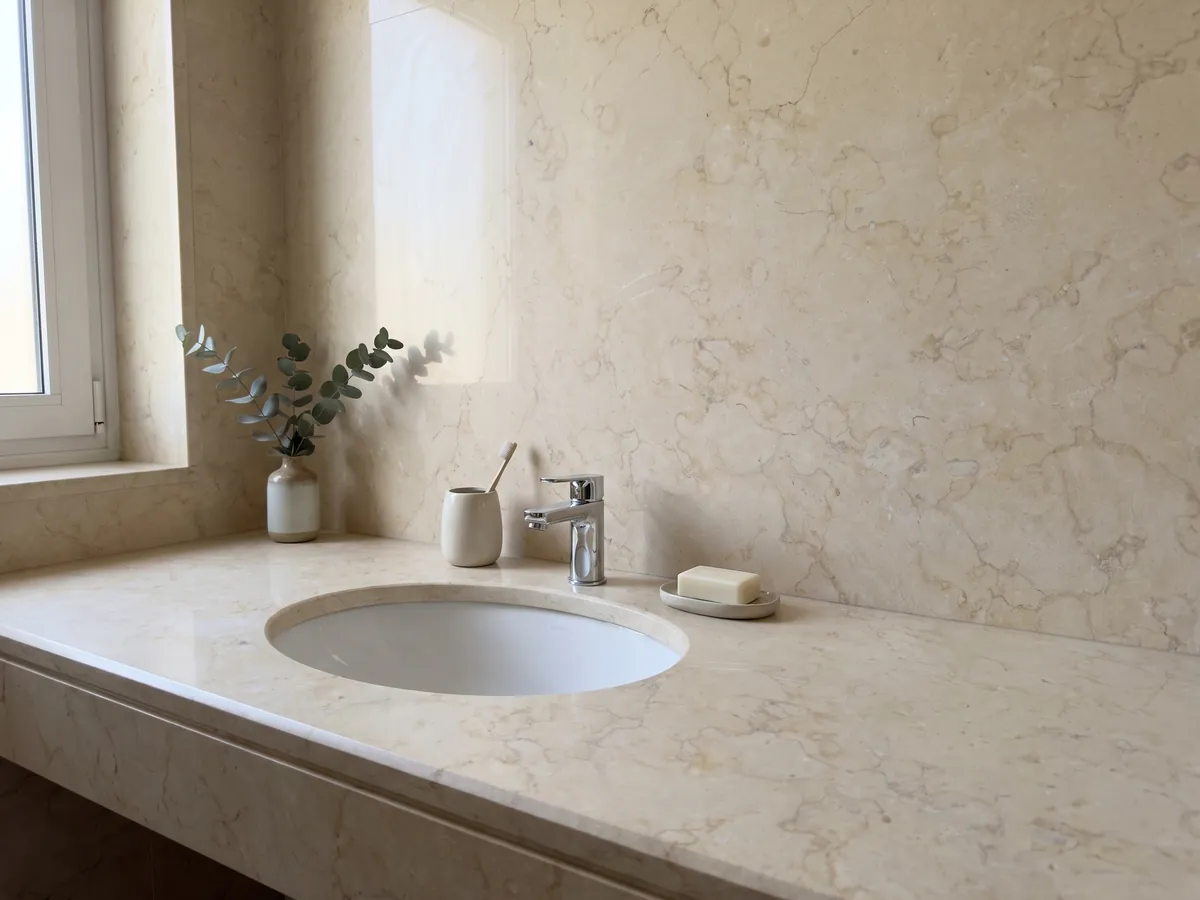 Vanity top and bathroom wall in Giallo Silvia Oro marble with a white sink and chrome fixtures: very uniform pale yellow with a fine pattern of barely visible light lines