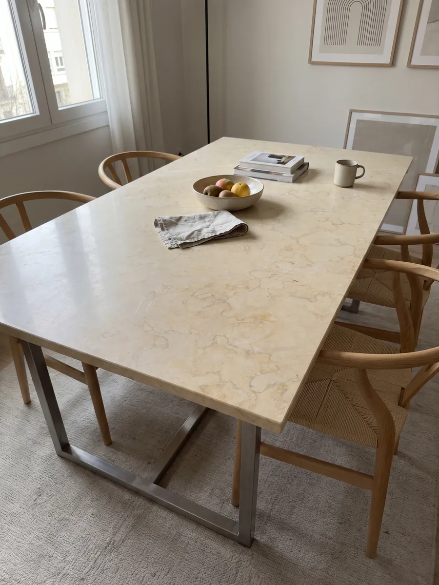 Dining table with a Giallo Silvia Oro marble top on a steel base: very uniform pale yellow with barely visible fine veining of light lines