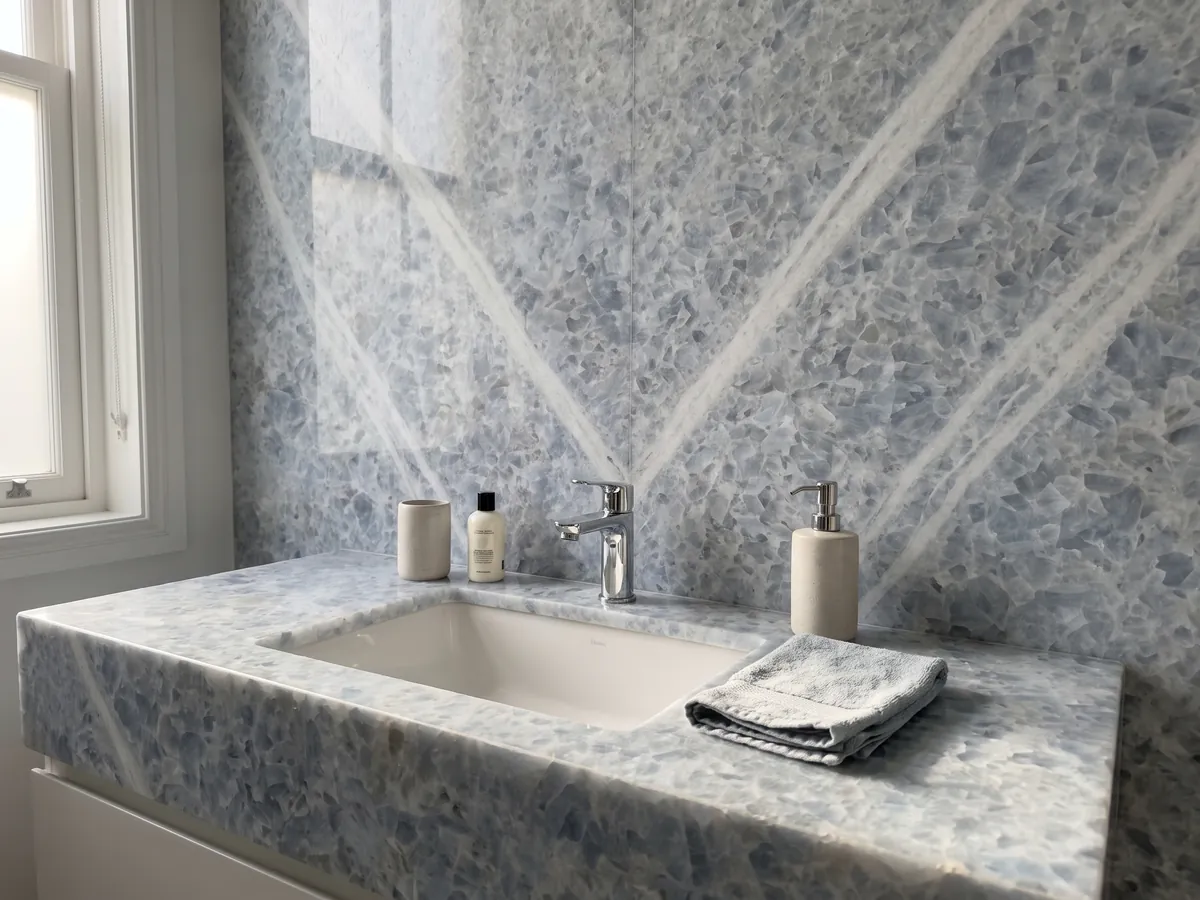 Vanity top and bathroom wall in Azul Calcite marble with a white sink and chrome fixtures: thick gray-blue crystals on white, with a whiter band running diagonally