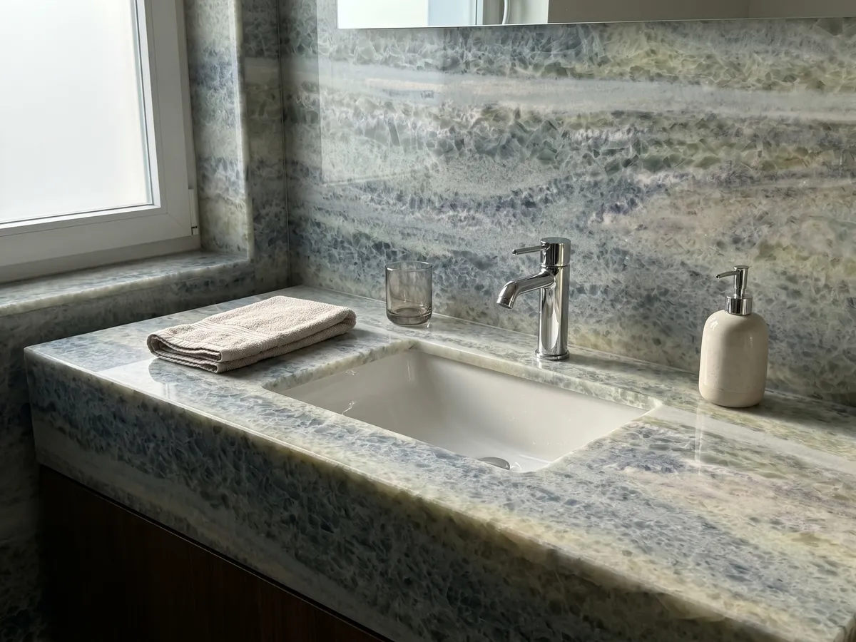 Vanity top and bathroom wall in blue Calcite Caraibica marble with a white sink and chrome fixtures: horizontal bands of blue-grey, sage green and beige crystals