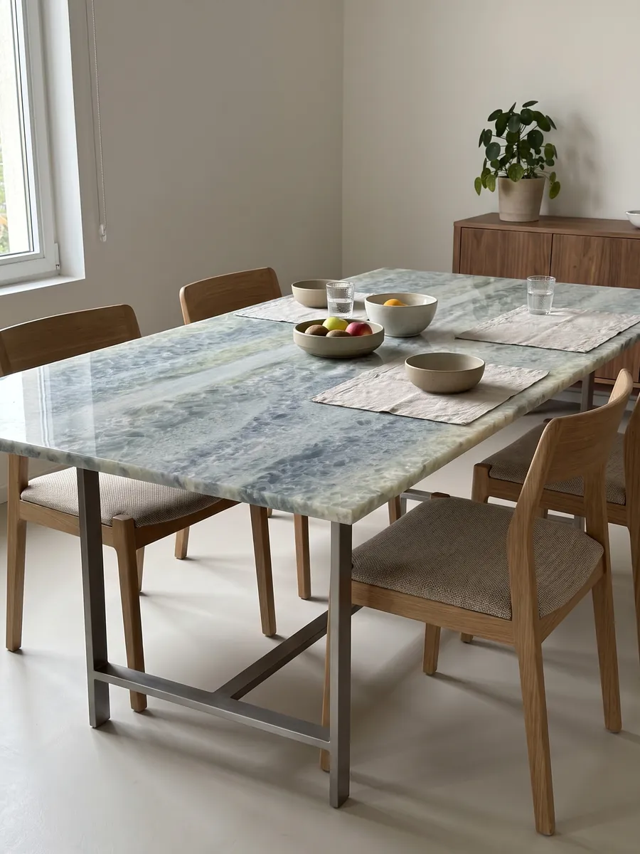 Dining table with a blue Calcite Caraibica marble top on a steel base: horizontal bands of blue-grey, sage green and beige crystals