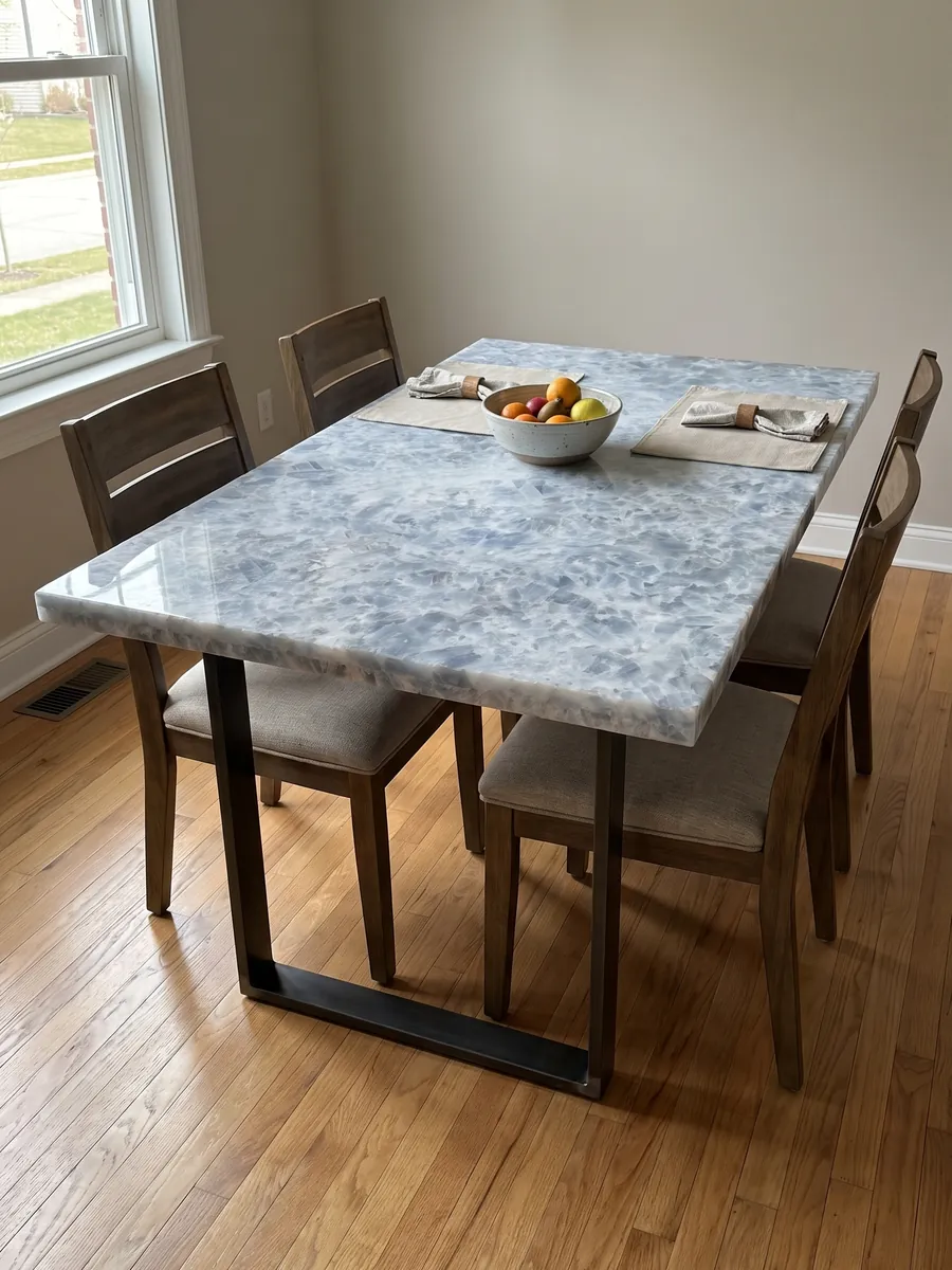 Dining table with an Azul Calcite marble top on a steel base: thick grayish-blue crystals on white, with a whiter diagonal band