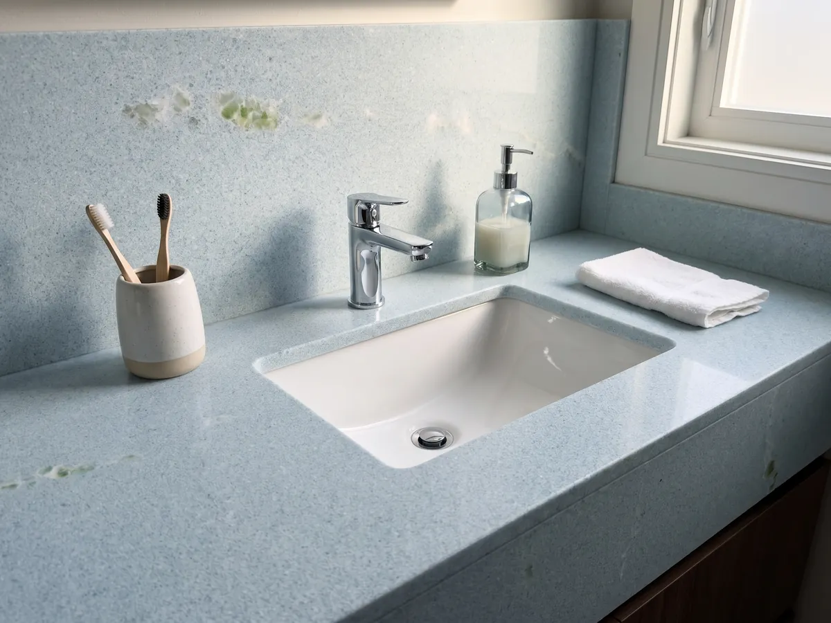 Vanity top and bathroom wall in Azul Cielo marble with a white sink and chrome fixtures: nearly uniform pale sky blue, fine-grained, with a green inclusion on the left