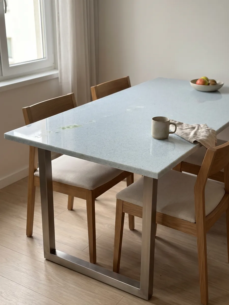 Dining table with an Azul Cielo marble top on a steel base: nearly uniform pale sky blue, fine-grained, with a green inclusion on the left
