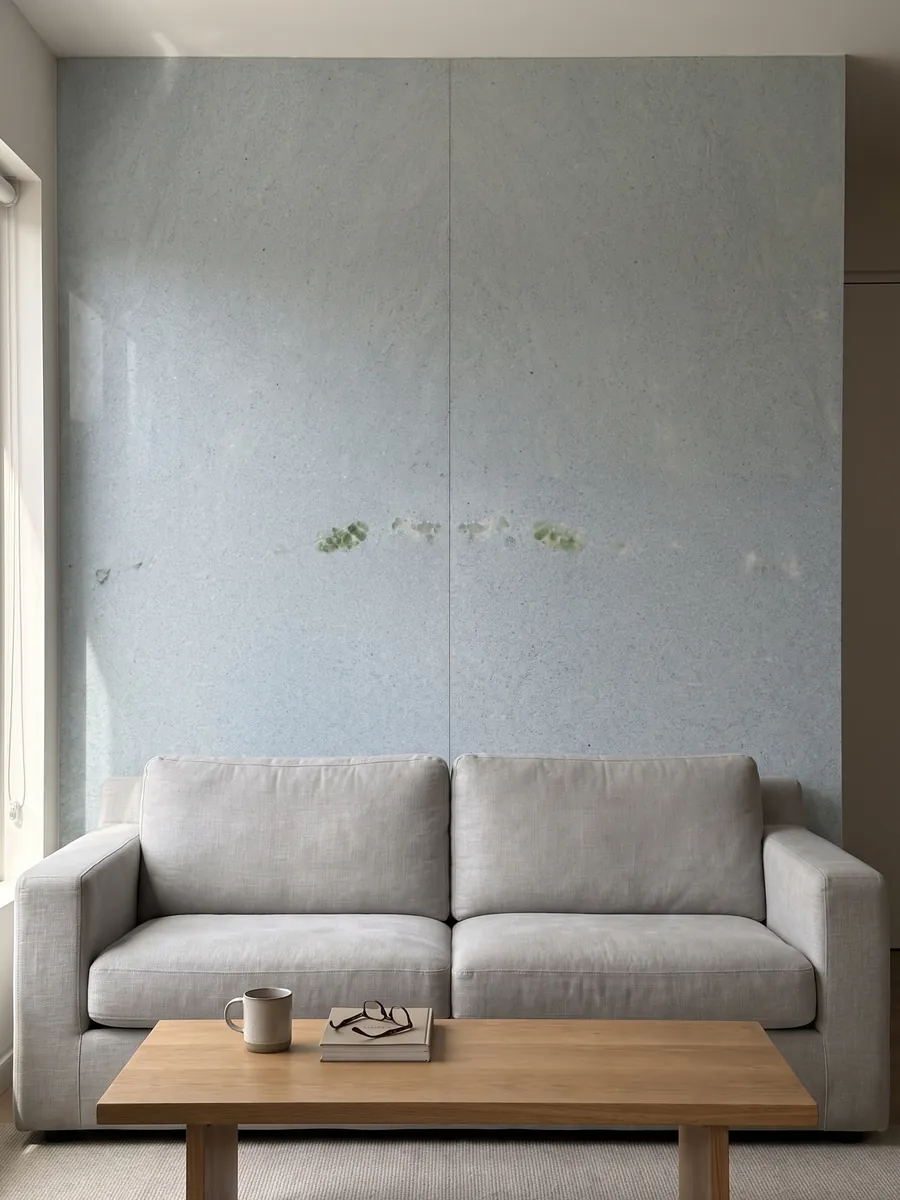 Living room wall clad in bookmatched slabs of Azul Cielo marble behind a sofa: nearly uniform pale sky blue, fine-grained, with a green inclusion on the left