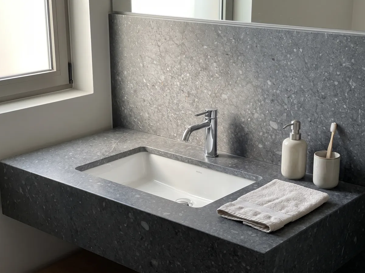 Vanity top and bathroom wall in Blu Masaccio marble with a white sink and chrome fixtures: uniform dark gray with small speckles and lighter gray fragments