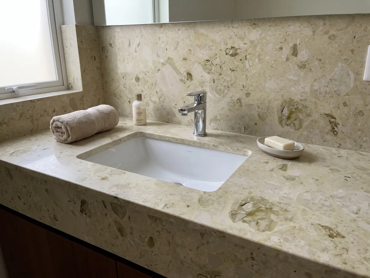 Vanity top and bathroom wall in beige Alma marble with a white sink and chrome faucets: a greenish cream background with soft, scattered olive fossil inclusions
