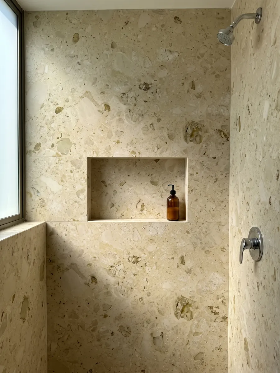 Shower clad in whole beige Alma marble slabs with a recessed niche: a greenish cream background with soft, scattered olive fossil inclusions