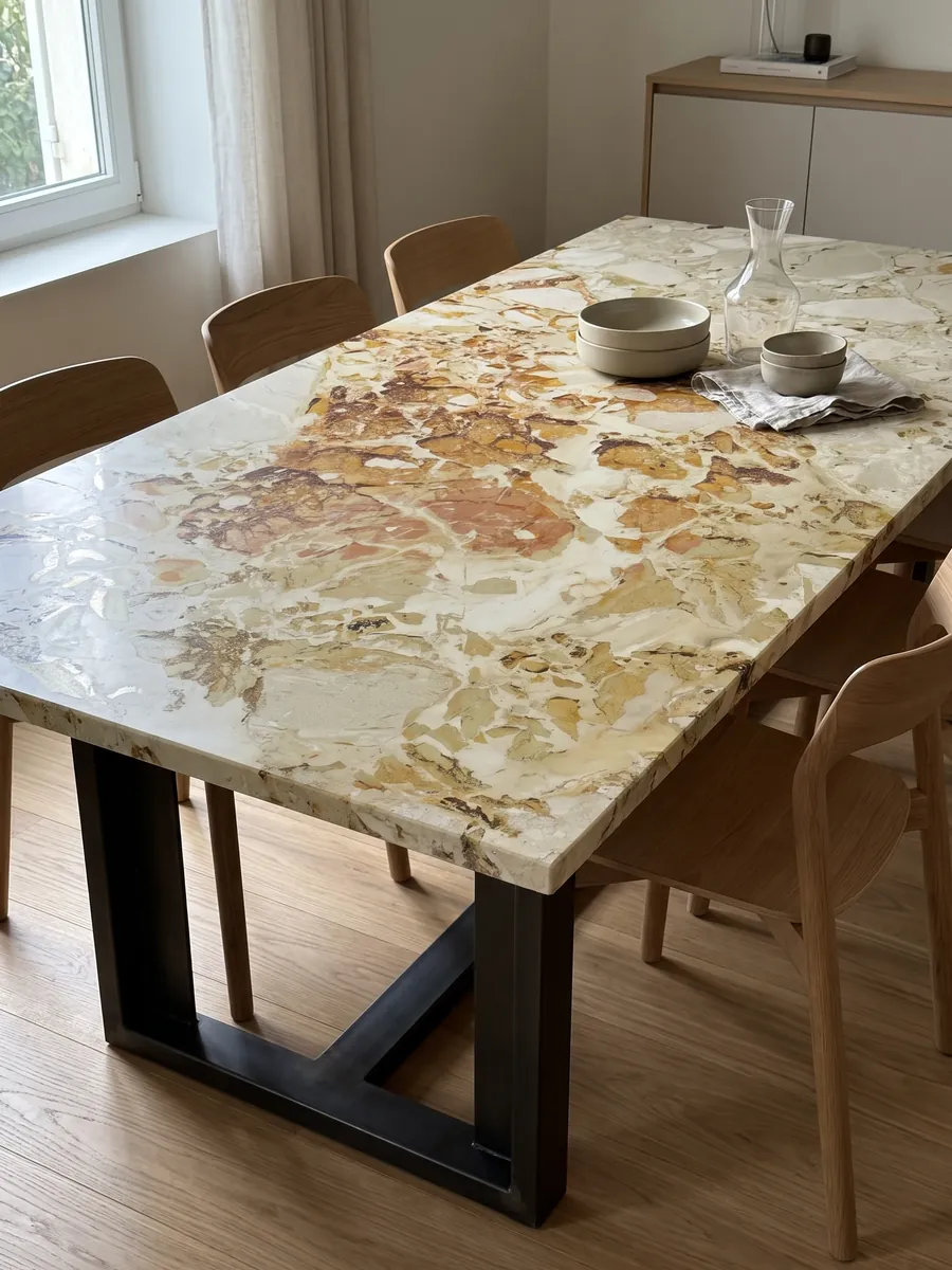 Dining table with a beige Alma Fuoco marble top on a steel base: ocher and rust stains with crisp edges grouping in the upper central area