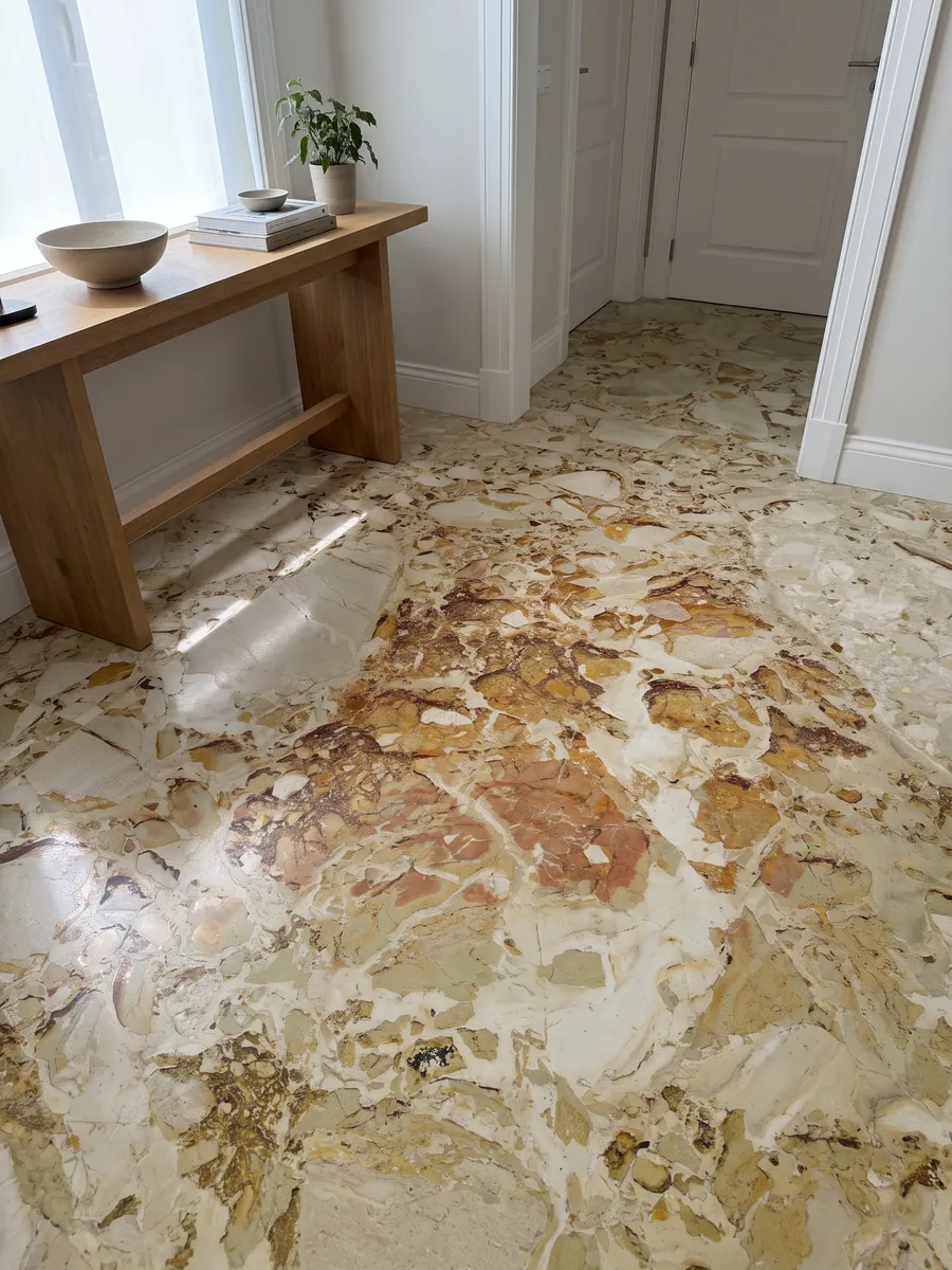 Entryway floor in large beige Alma Fuoco marble slabs with natural light: ocher and rust stains with crisp edges grouping in the upper central area