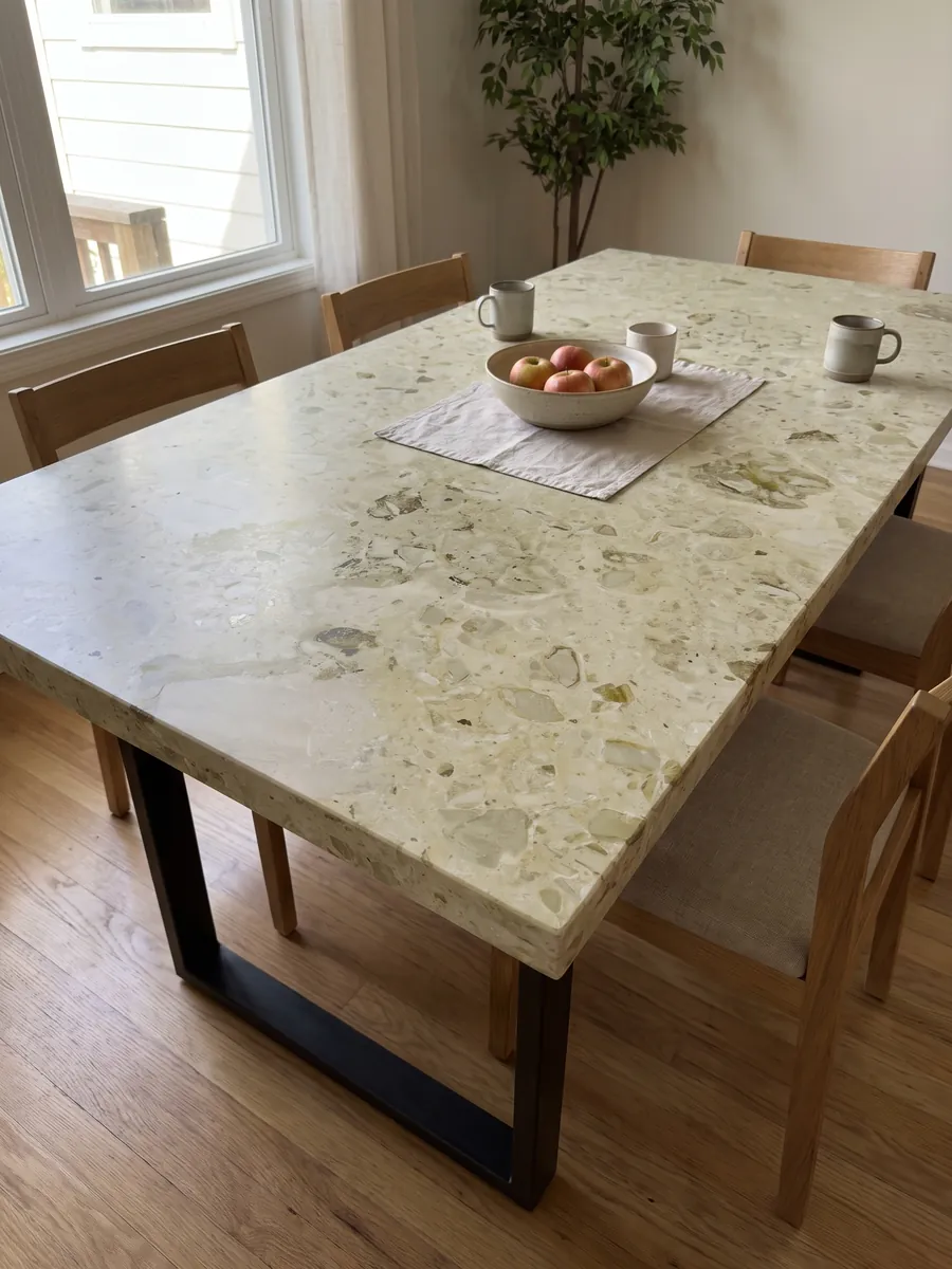 Dining table with a beige Alma marble top on a steel base: a greenish cream background with soft, scattered olive fossil inclusions