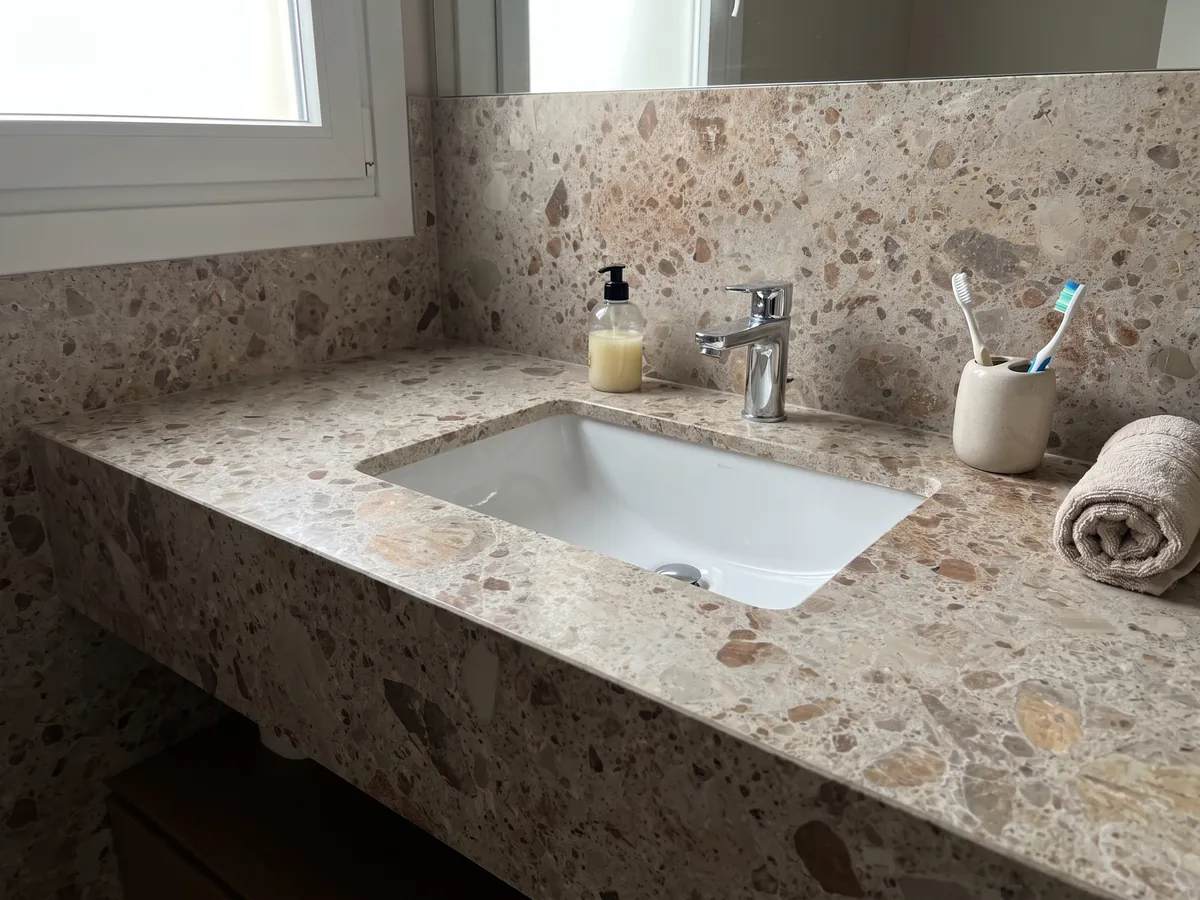Vanity top and bathroom wall in beige Ambrosia marble with a white sink and chrome fixtures: beige matrix with rounded brown and rust fragments in several sizes