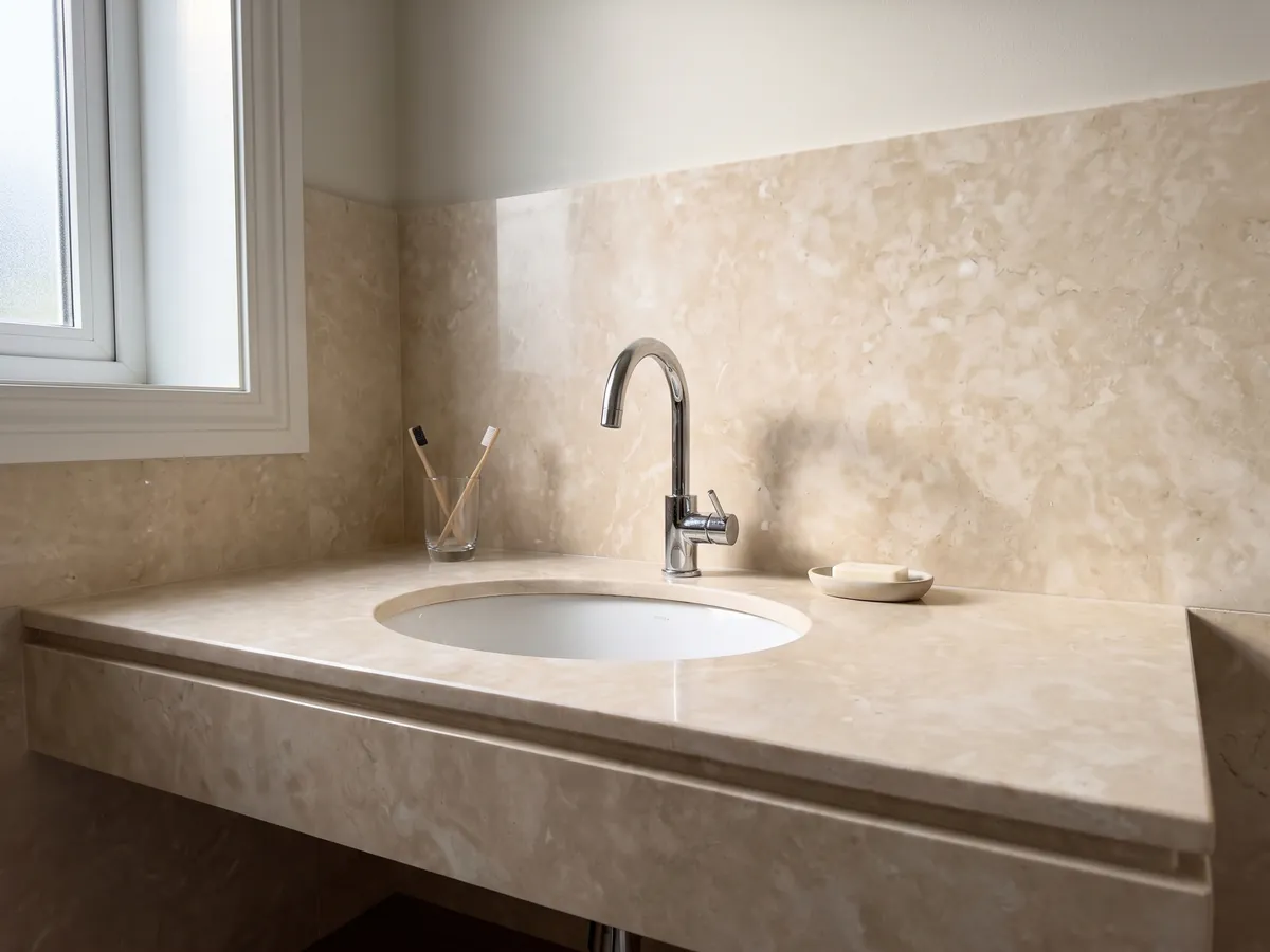 Bathroom vanity top and wall in beige Botticino marble with a white sink and chrome faucets: a warm, almost uniform cream with soft clouds