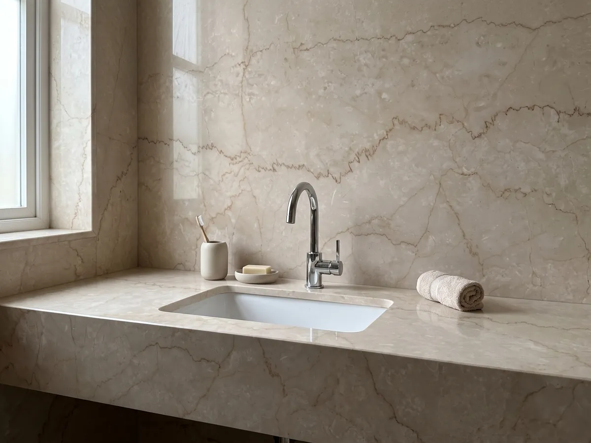 Vanity top and bathroom wall in beige Botticino Classico marble with a white sink and chrome faucets: beige crossed horizontally by fine jagged light brown veins