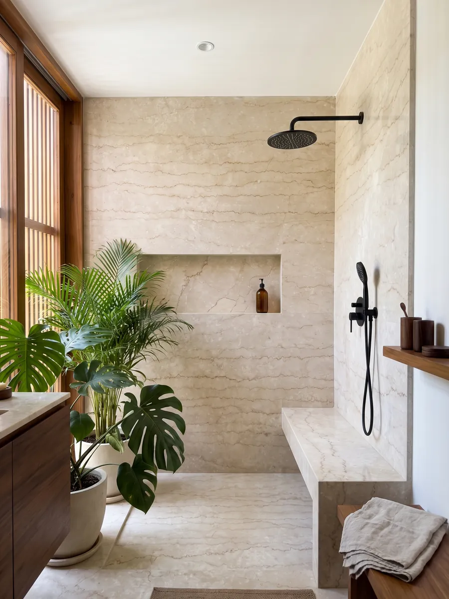 Shower clad in full slabs of beige Botticino Classico marble with a recessed niche: beige crossed horizontally by fine jagged light brown veins