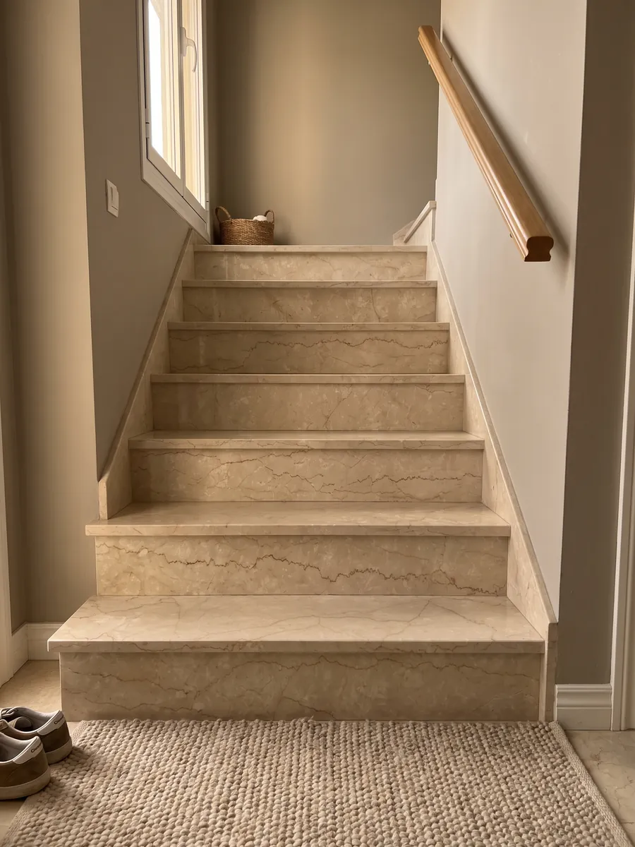 Indoor staircase with beige Botticino Classico marble steps and a handrail: beige crossed horizontally by fine jagged light brown veins