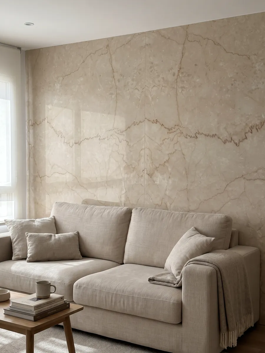 Living room wall clad in bookmatched slabs of beige Botticino Classico marble behind a sofa: beige crossed horizontally by fine jagged light brown veins