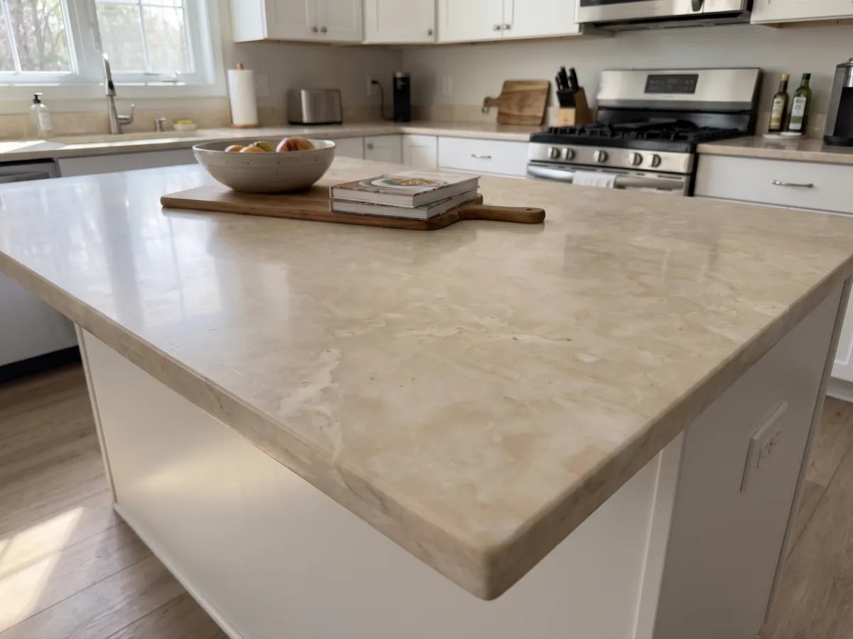 Kitchen island with a Botticino beige marble countertop and a straight edge in a kitchen with natural light: warm cream, nearly even, with soft clouds