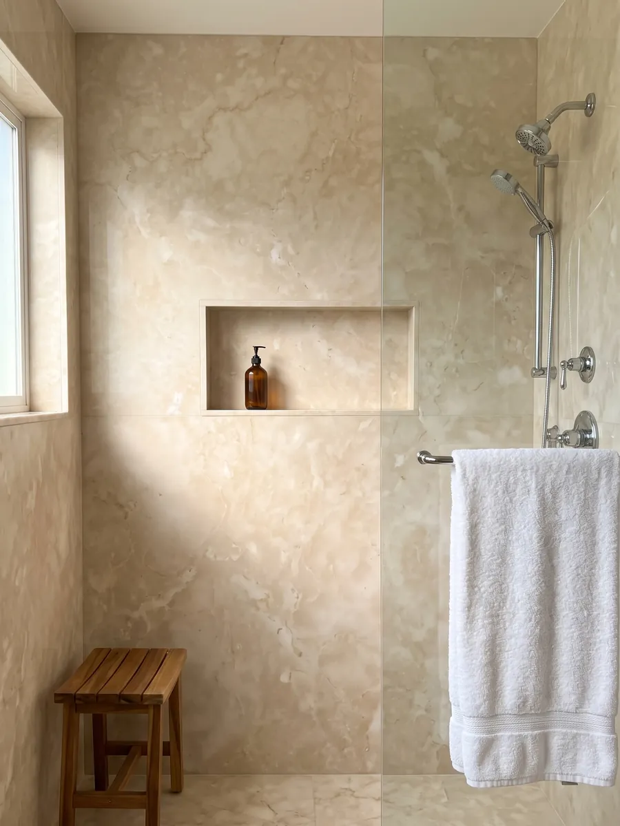 Shower clad in full slabs of beige Botticino marble with a recessed niche: a warm, almost uniform cream with soft clouds