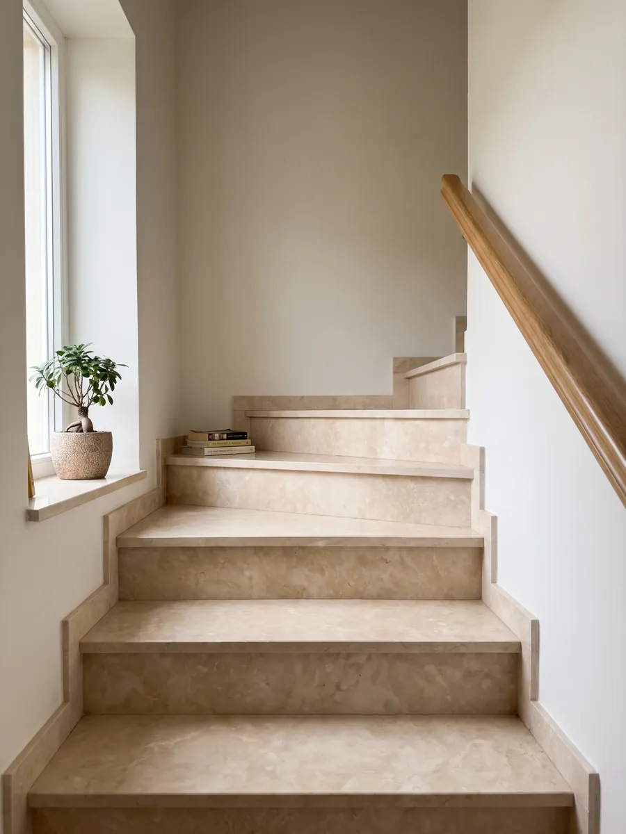 Indoor staircase with beige Botticino marble steps and a handrail: a warm, almost uniform cream with soft clouds