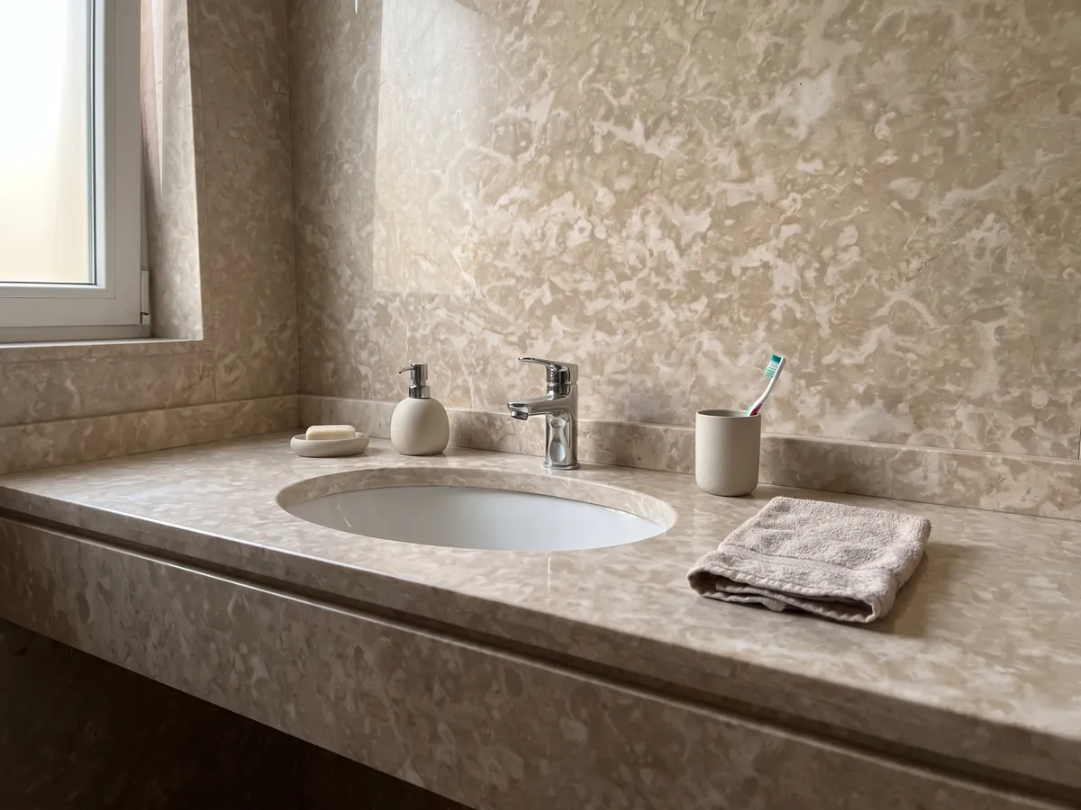 Vanity top and bathroom wall in beige Botticino Fiorito marble with a white sink and chrome faucets: pinkish beige with scattered irregular light flower-shaped markings