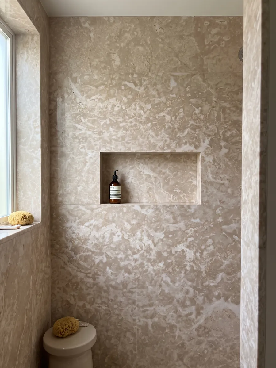 Shower clad in full slabs of beige Botticino Fiorito marble with a recessed niche: pinkish beige with scattered irregular light flower-shaped markings