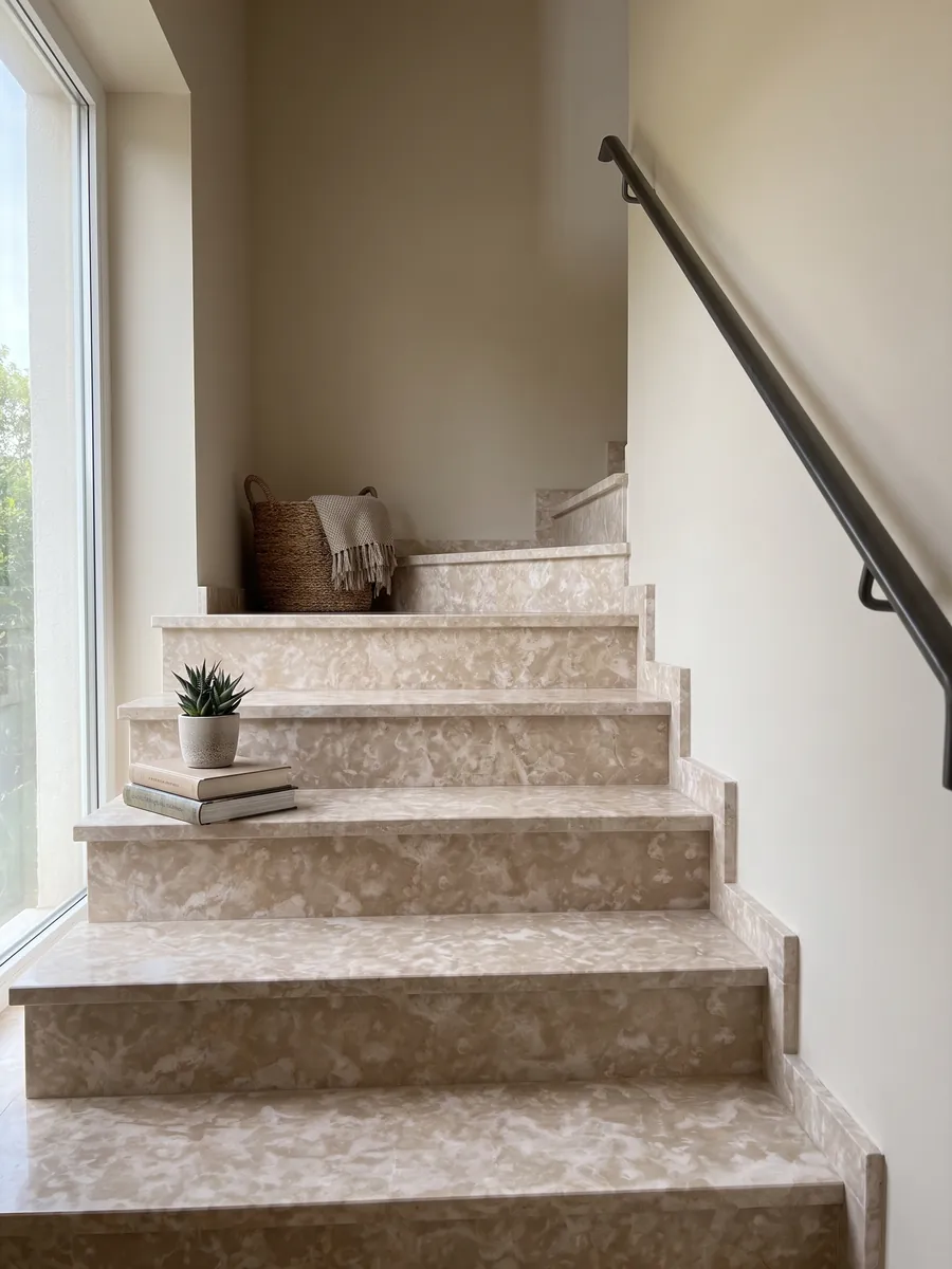 Indoor staircase with beige Botticino Fiorito marble steps and a handrail: pinkish beige with scattered irregular light flower-shaped markings