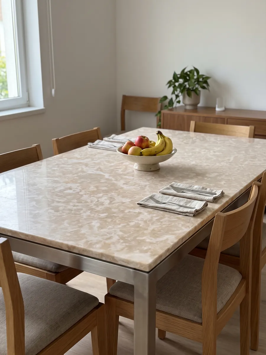 Dining table with a beige Botticino Fiorito marble top on a steel base: pinkish beige with scattered irregular light flower-shaped markings
