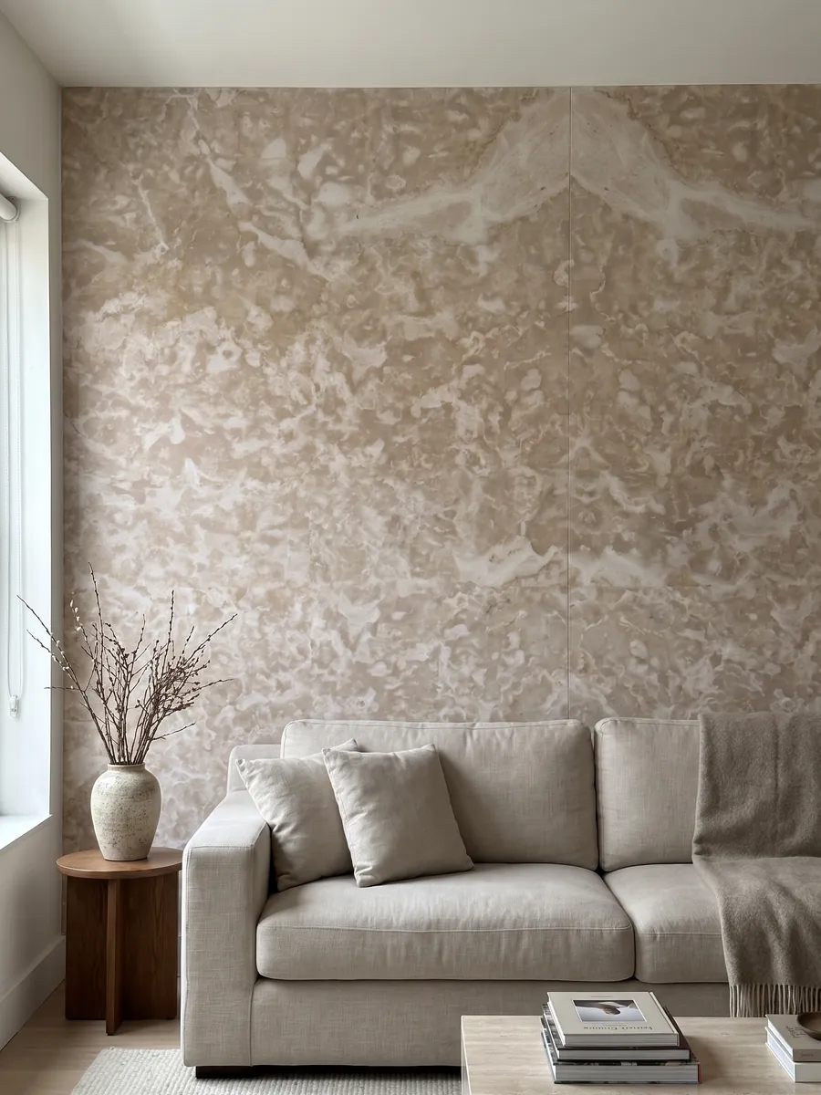 Living room wall clad in bookmatched slabs of beige Botticino Fiorito marble behind a sofa: pinkish beige with scattered irregular light flower-shaped markings