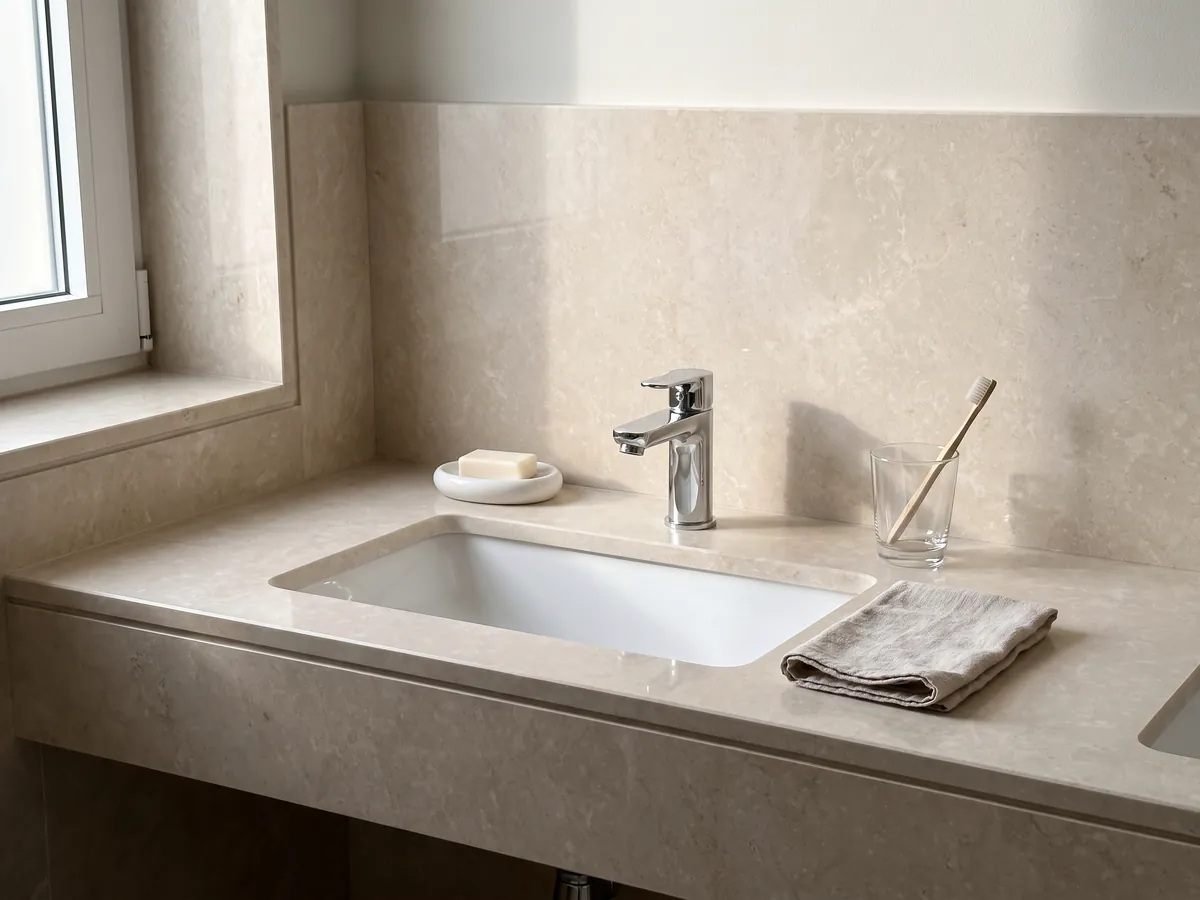 Vanity top and bathroom wall in beige Botticino Light marble with a white sink and chrome faucets: a very even light beige seen as a full slab
