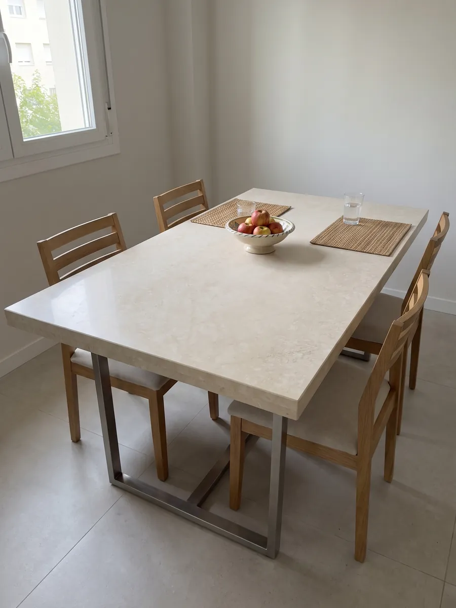 Dining table with a Botticino Light beige marble top on a steel base: very uniform light beige seen as a full slab