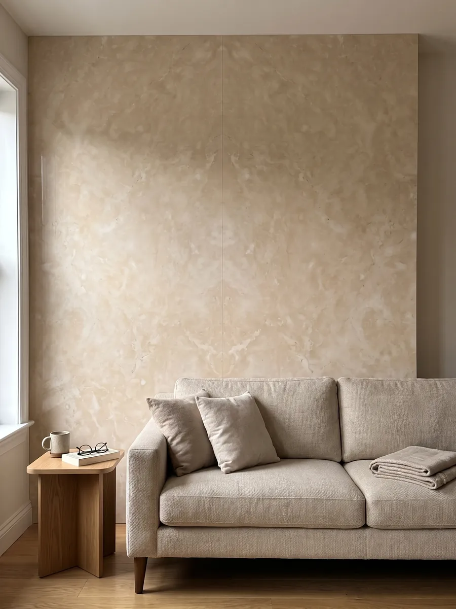Living room wall clad in bookmatched slabs of beige Botticino marble behind a sofa: a nearly uniform warm cream with soft clouds