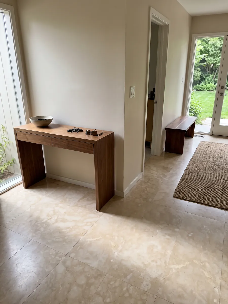 Entryway floor in large slabs of beige Botticino marble with natural light: a warm, almost uniform cream with soft clouds