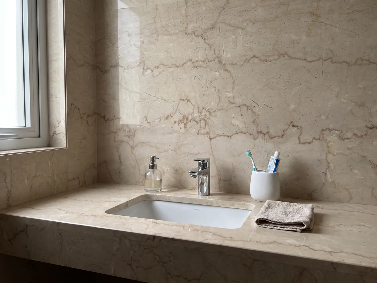 Vanity top and bathroom wall in Botticino Semiclassico beige marble with a white sink and chrome fixtures: creamy beige with fine horizontal jagged reddish brown lines