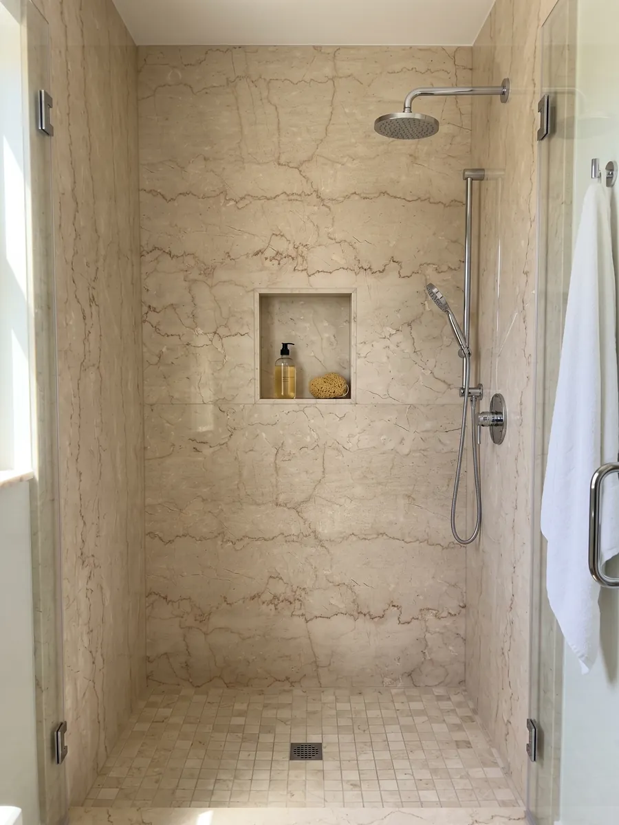 Shower clad in full slabs of Botticino Semiclassico beige marble with a recessed niche: creamy beige with fine horizontal jagged reddish brown lines