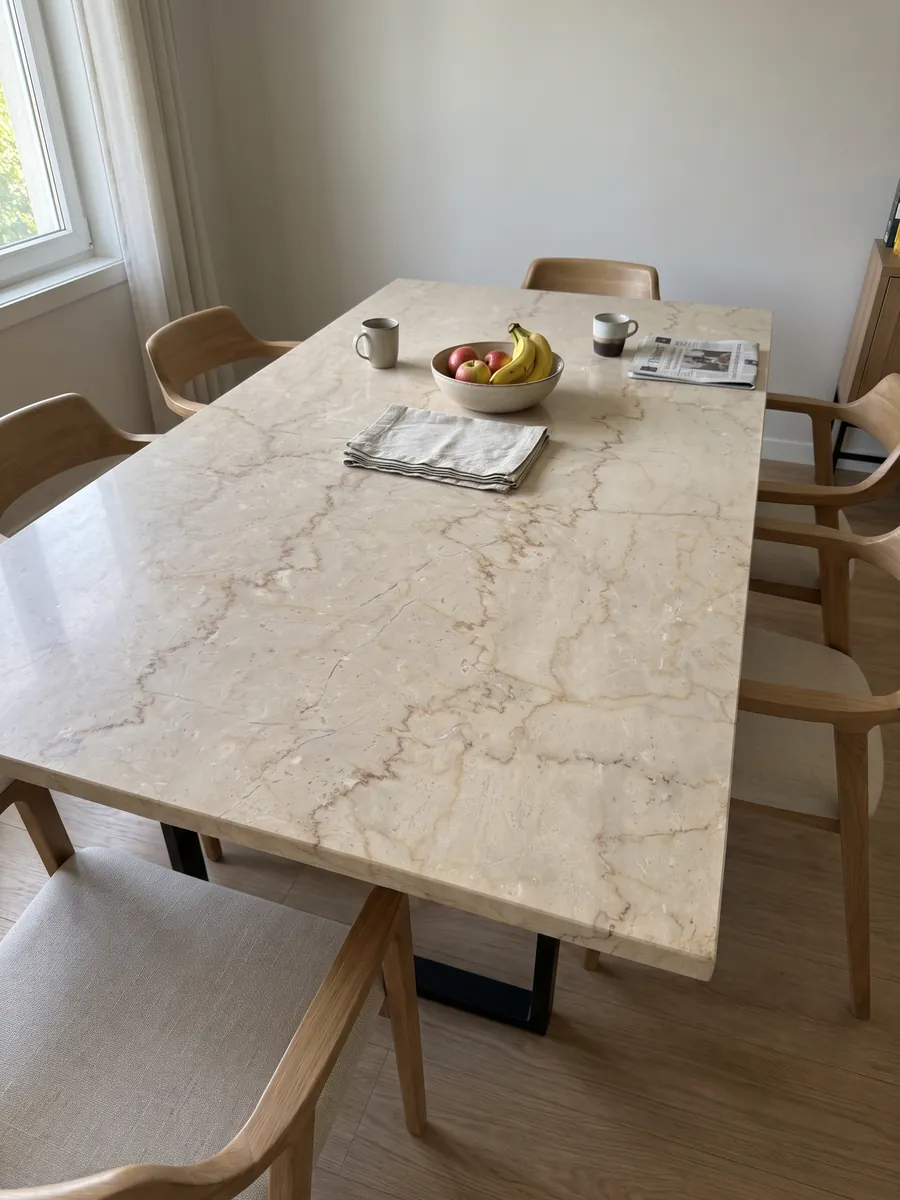 Dining table with a Botticino Semiclassico beige marble top on a steel base: creamy beige with fine horizontal jagged reddish brown lines