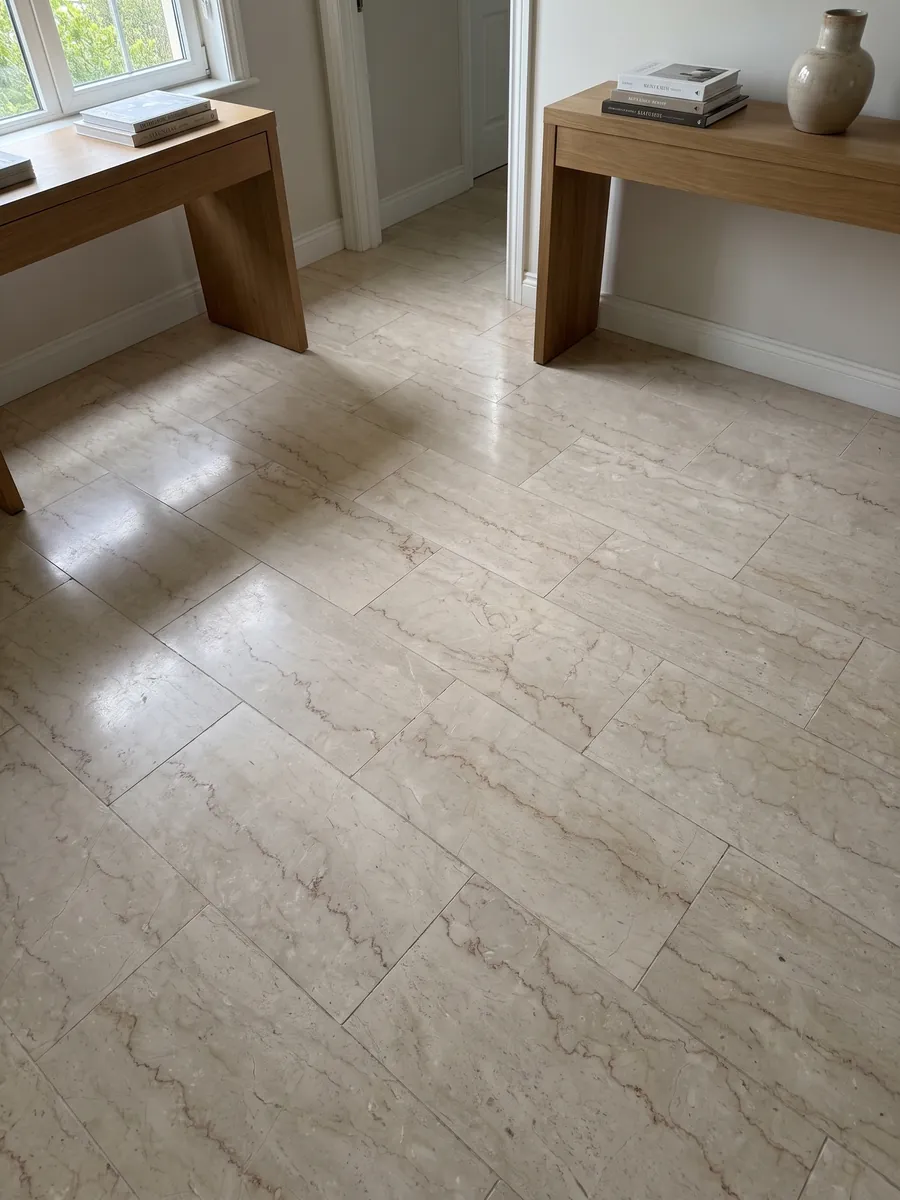 Entryway floor in large slabs of Botticino Semiclassico beige marble with natural light: creamy beige with fine horizontal jagged reddish brown lines