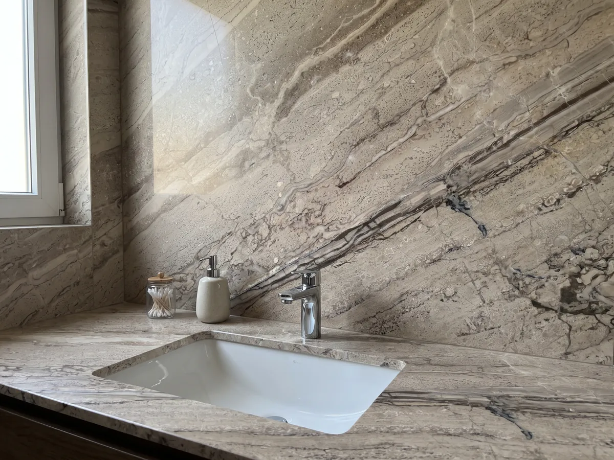 Vanity top and bathroom wall in Breccia Aurora beige marble with a white sink and chrome fixtures: grayish beige with parallel brown veins running diagonally and a more streaked area at the bottom