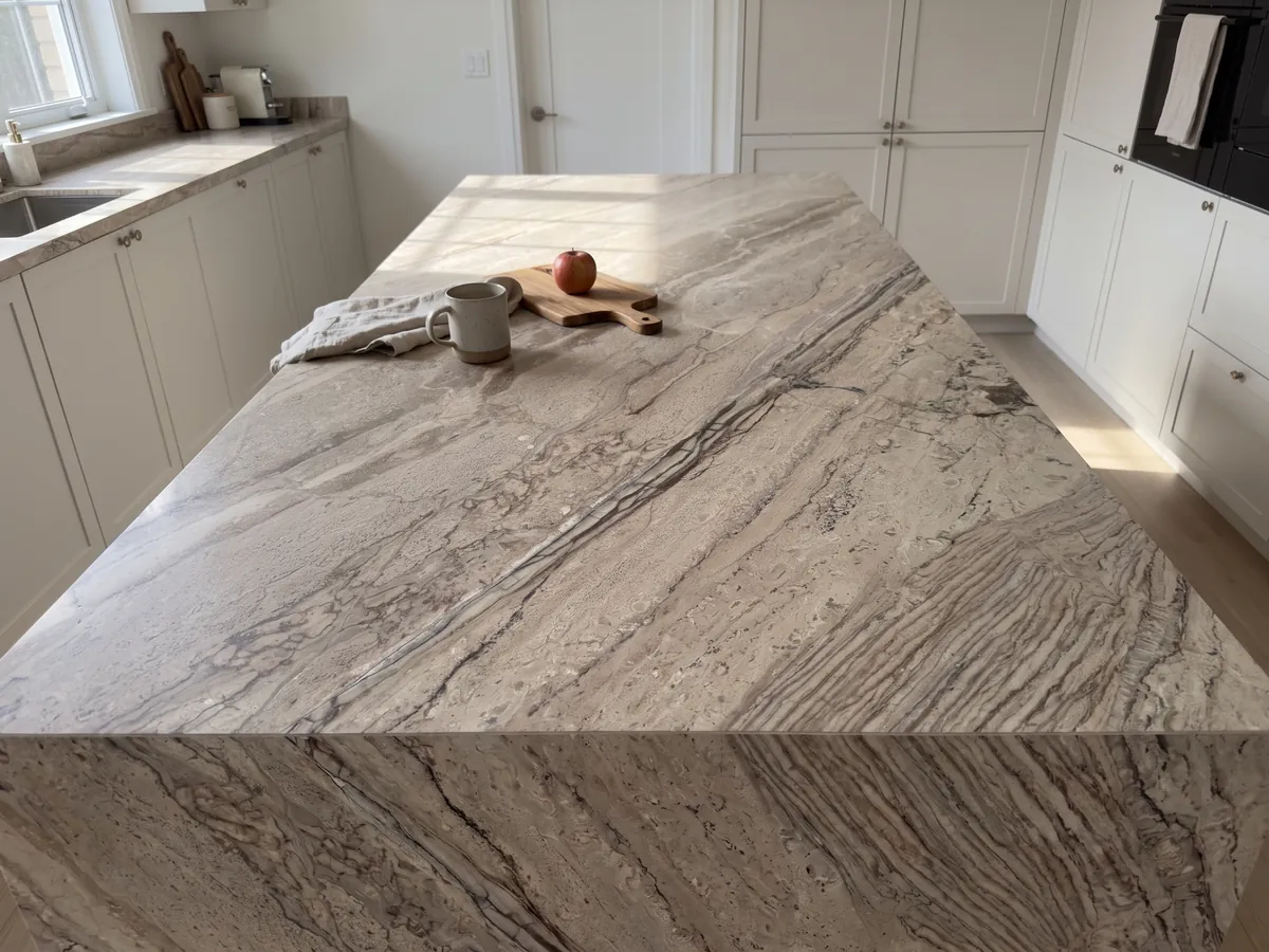Kitchen island with a beige Breccia Aurora marble countertop and a straight edge in a naturally lit kitchen: grayish beige with parallel brown veins on the diagonal and a more streaked area at the bottom