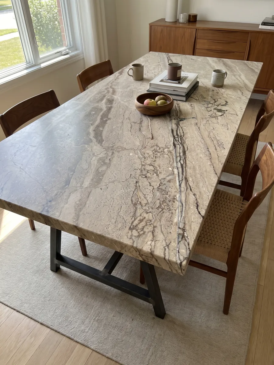 Dining table with a Breccia Aurora beige marble top on a steel base: grayish beige with parallel brown veins running diagonally and a more streaked area at the bottom