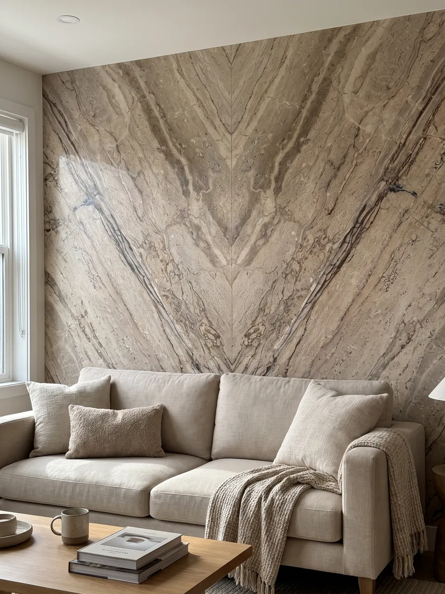 Living room wall clad with Breccia Aurora beige marble slabs bookmatched behind a sofa: grayish beige with parallel brown veins running diagonally and a more streaked area at the bottom
